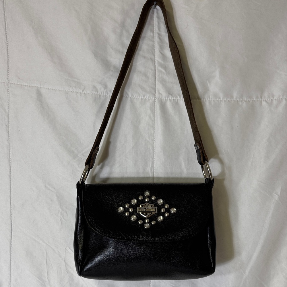 Harley-Davidson Black Leather Studded‎ Shoulder Bag with Rhinestone Logo